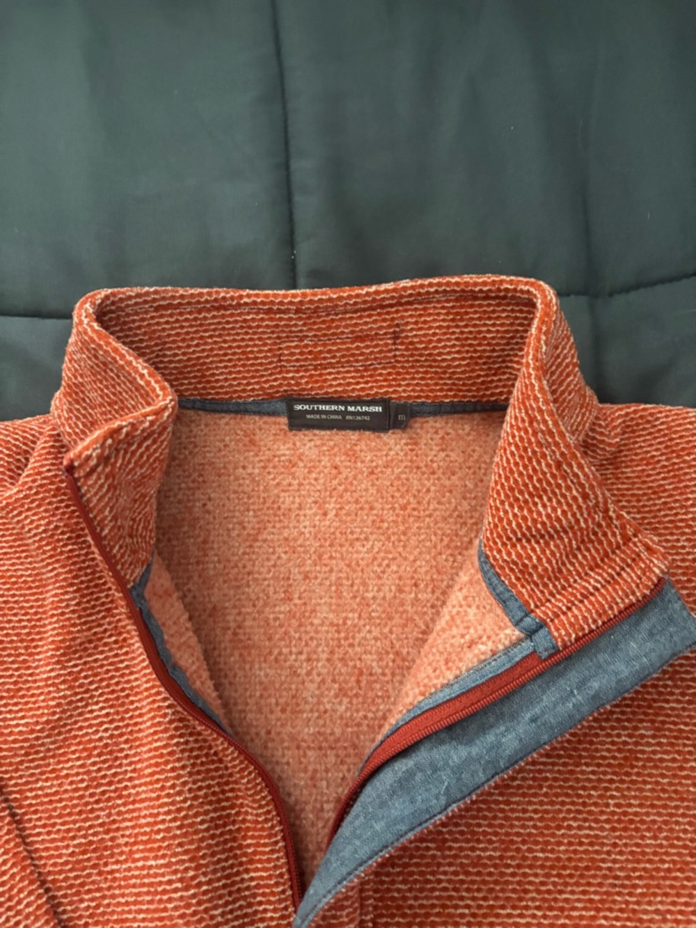 Southern Marsh Men's Burnt Orange Zip-Up Sweater with Gray Trim